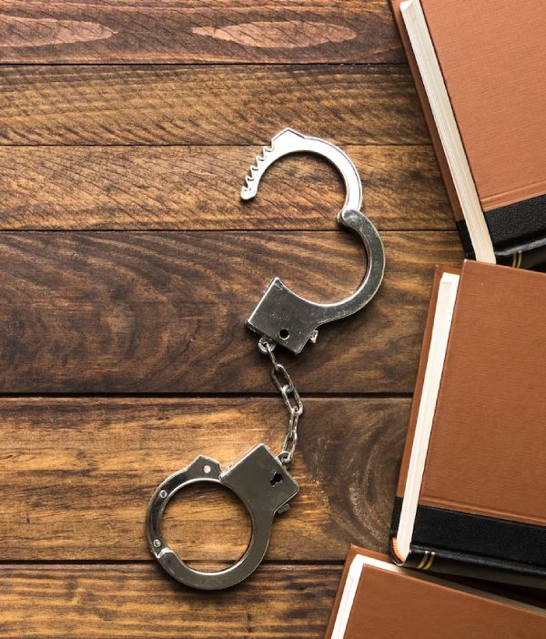 flat lay frame with books and handcuffs Business Man's hand in handcuff, crime arrested concept
